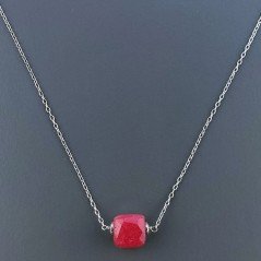 Collana Girocollo Con Catena Rodiato Argento 925 E Giada Rubino Taglio Cubetti Sfaccettato A Mano 1Pz