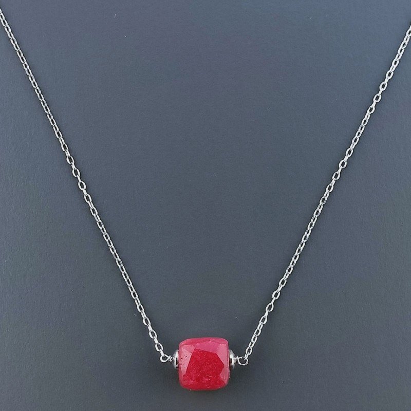 Collana Girocollo Con Catena Rodiato Argento 925 E Giada Rubino Taglio Cubetti Sfaccettato A Mano 1Pz
