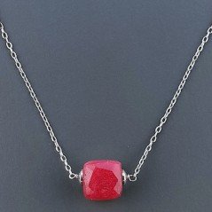 Collana Girocollo Con Catena Rodiato Argento 925 E Giada Rubino Taglio Cubetti Sfaccettato A Mano 1Pz