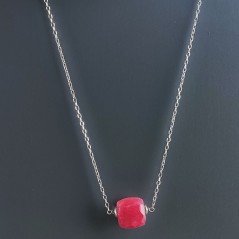 Collana Girocollo Con Catena Rodiato Argento 925 E Giada Rubino Taglio Cubetti Sfaccettato A Mano 1Pz