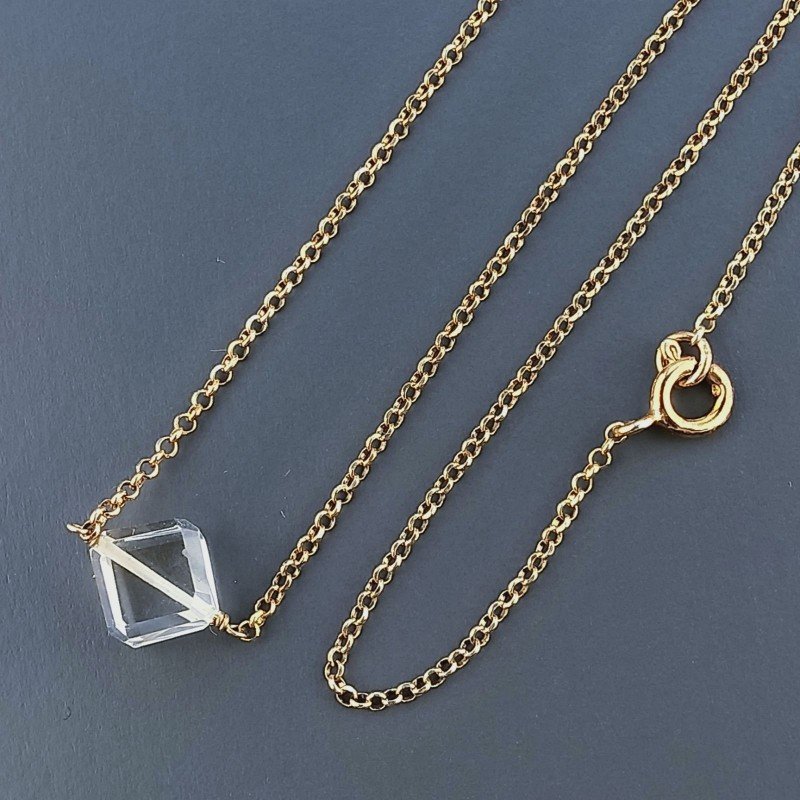 Collana Girocollo Con Catena Dorato Argento 925 E Quarzo Citrino Taglio Cubetti Sfaccettato A Mano 1Pz