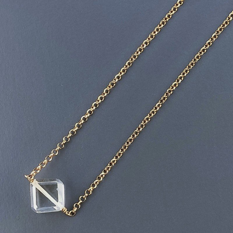 Collana Girocollo Con Catena Dorato Argento 925 E Quarzo Citrino Taglio Cubetti Sfaccettato A Mano 1Pz