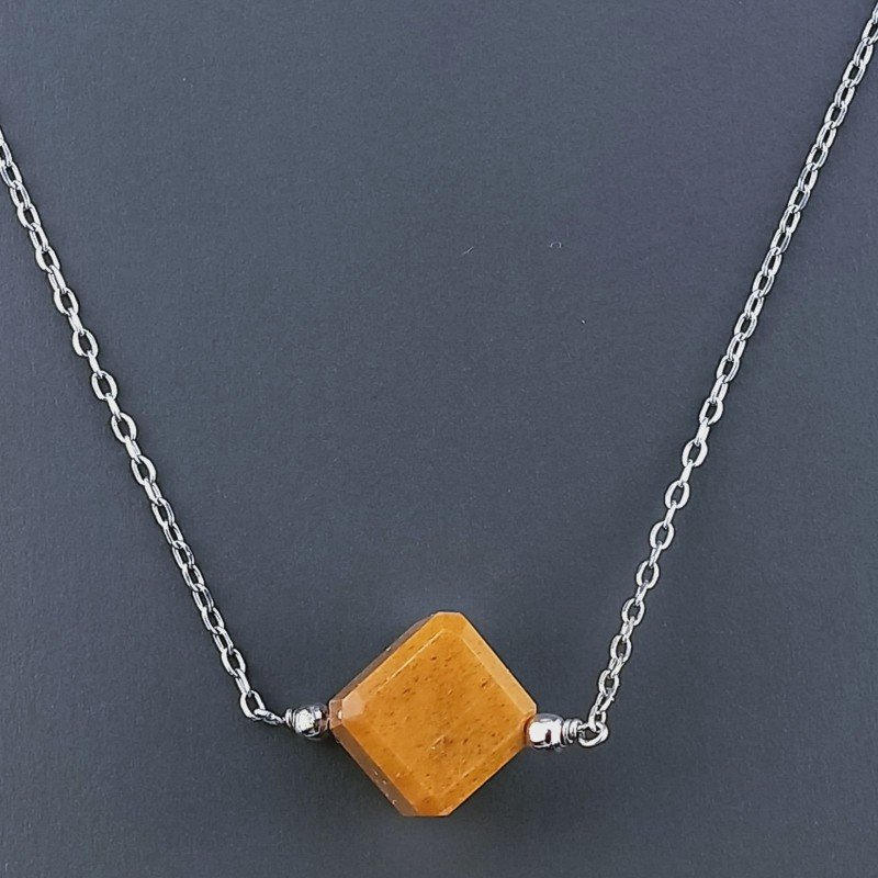 Collana Girocollo Con Catena Rodiato Argento 925 E Occhio Di Tigre Taglio Cubetti Sfaccettato A Mano 1Pz