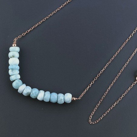 Collana Girocollo Con Catena Oro Rosa Argento 925 E Larimar Grezzo Taglio Rondelle Liscio A Mano 1Pz