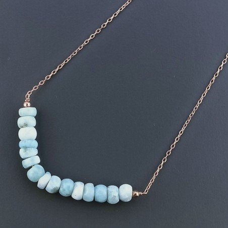 Collana Girocollo Con Catena Oro Rosa Argento 925 E Larimar Grezzo Taglio Rondelle Liscio A Mano 1Pz