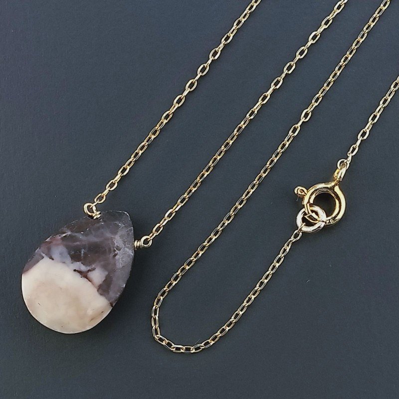 Collana Girocollo Con Catena Dorato Argento 925 E Diaspro Zebrato Taglio Goccia Briolette Sfaccettato A Mano 1Pz