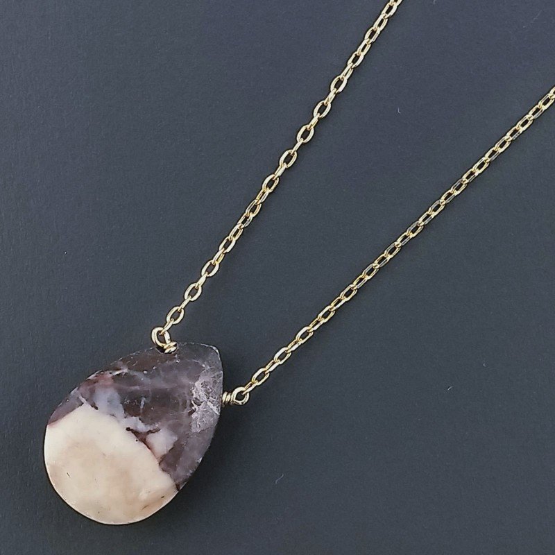 Collana Girocollo Con Catena Dorato Argento 925 E Diaspro Zebrato Taglio Goccia Briolette Sfaccettato A Mano 1Pz