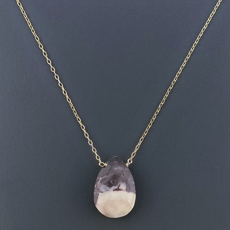Collana Girocollo Con Catena Dorato Argento 925 E Diaspro Zebrato Taglio Goccia Briolette Sfaccettato A Mano 1Pz