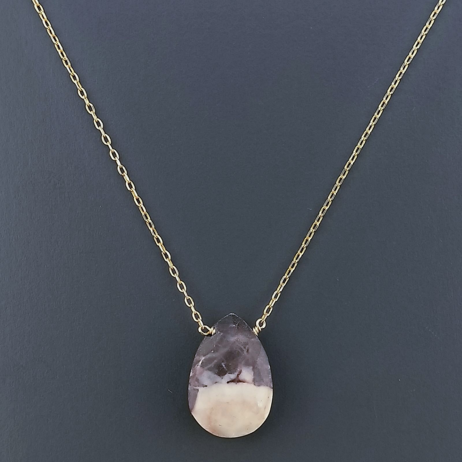 Collana Girocollo Con Catena Dorato Argento 925 E Diaspro Zebrato Taglio Goccia Briolette Sfaccettato A Mano 1Pz