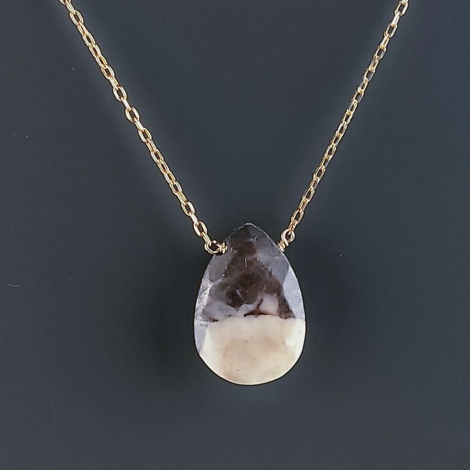 Collana Girocollo Con Catena Dorato Argento 925 E Diaspro Zebrato Taglio Goccia Briolette Sfaccettato A Mano 1Pz