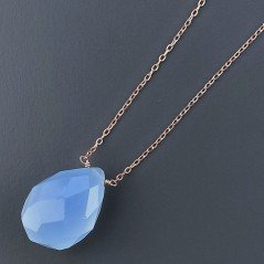 Collana Girocollo Con Catena Dorato Argento 925 E Calcedonio Blu Taglio Goccia Briolette Sfaccettato A Mano 1Pz