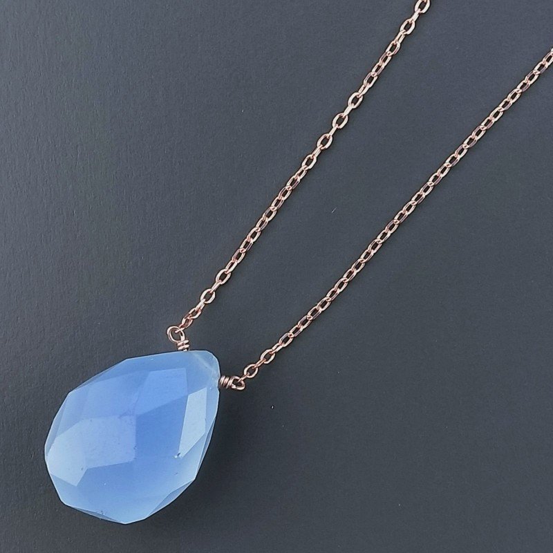 Collana Girocollo Con Catena Dorato Argento 925 E Calcedonio Blu Taglio Goccia Briolette Sfaccettato A Mano 1Pz