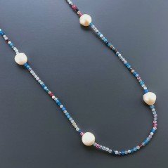 Collana Lunga Pietre Dure Agata Brasiliana Mix Con Perle Di Fiume Beige Barocche 110cm E Chiusura In Argento 925
