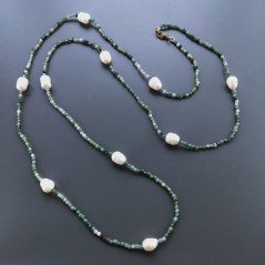 Collana Lunga Pietre Dure Agata Muschiata Con Perle Di Fiume Irregolare 110cm E Chiusura In Argento 925