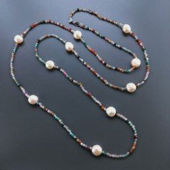 Collana Lunga Pietre Dure Agata Brasiliana Mix Con Perle Di Fiume Beige Barocche 110cm E Chiusura In Argento 925