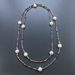 Collana Lunga Pietre Dure Agata Brasiliana Mix Con Perle Di Fiume Beige Barocche 110cm E Chiusura In Argento 925