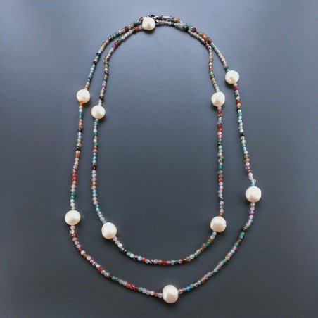 Collana Lunga Pietre Dure Agata Brasiliana Mix Con Perle Di Fiume Beige Barocche 110cm E Chiusura In Argento 925