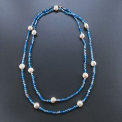 Collana Lunga Pietre Dure Agata Brasiliana Blu Multi Con Perle Di Fiume Beige Barocche 120cm E Chiusura In Argento 925