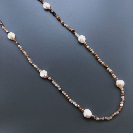 Collana Lunga Pietre Dure Agata Brasiliana Marrone Multi Con Perle Di Fiume Beige Barocche 120cm E Chiusura In Argento 925
