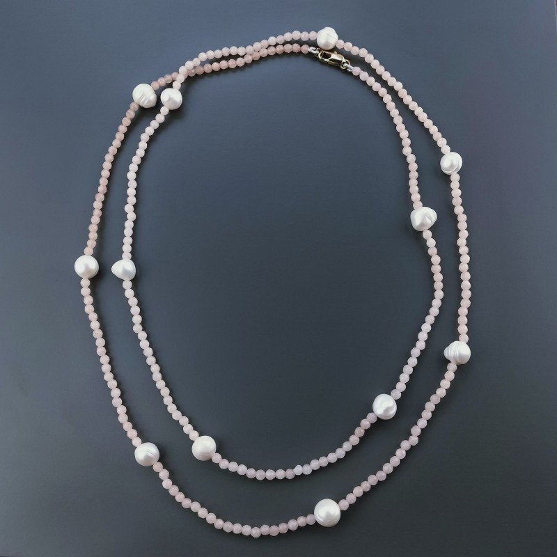 Collana Lunga Pietre Dure Giada Rosa Con Perle Di Fiume Irregolare 120cm E Chiusura In Argento 925