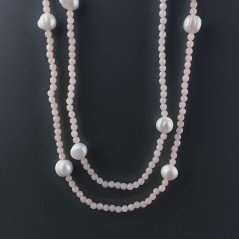 Collana Lunga Pietre Dure Giada Rosa Con Perle Di Fiume Irregolare 120cm E Chiusura In Argento 925