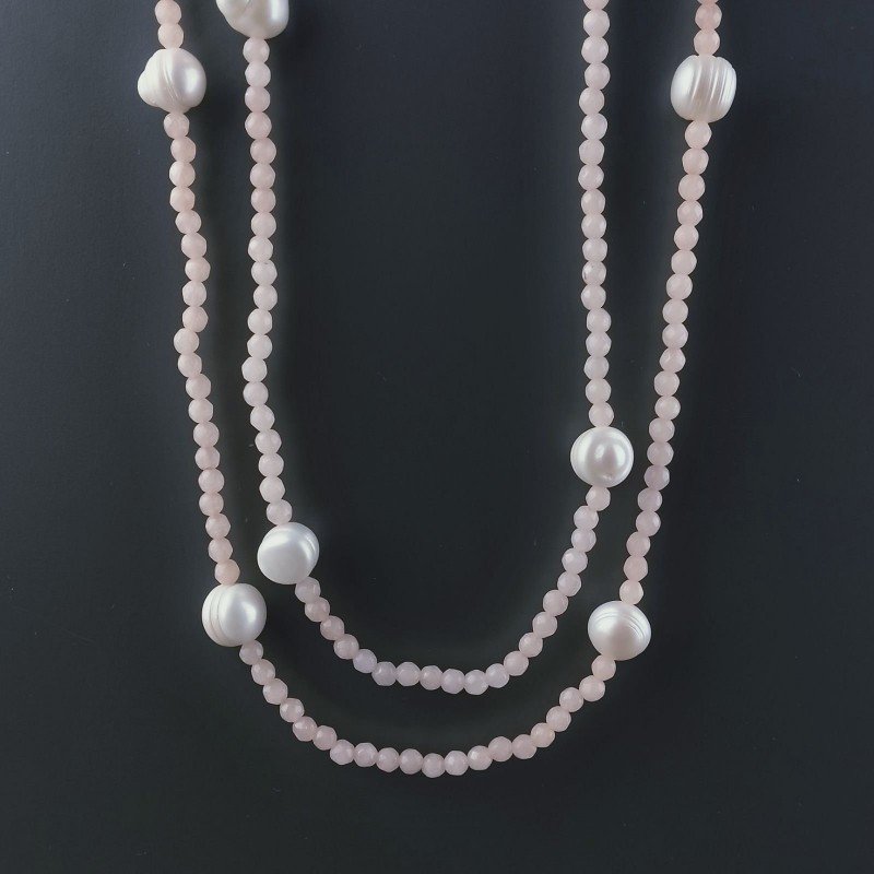 Collana Lunga Pietre Dure Giada Rosa Con Perle Di Fiume Irregolare 120cm E Chiusura In Argento 925
