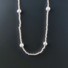 Collana Lunga Pietre Dure Giada Rosa Con Perle Di Fiume Irregolare 120cm E Chiusura In Argento 925