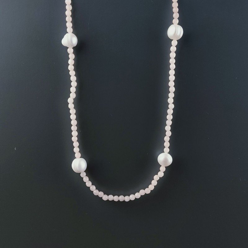 Collana Lunga Pietre Dure Giada Rosa Con Perle Di Fiume Irregolare 120cm E Chiusura In Argento 925