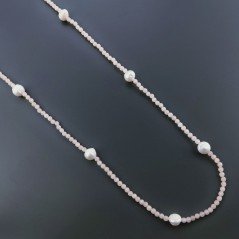 Collana Lunga Pietre Dure Giada Rosa Con Perle Di Fiume Irregolare 120cm E Chiusura In Argento 925
