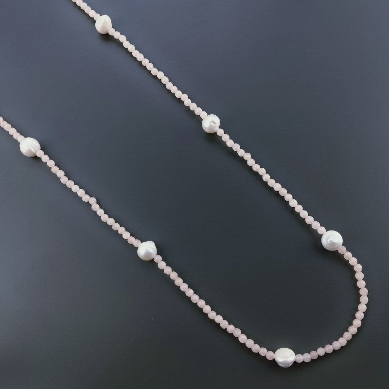 Collana Lunga Pietre Dure Giada Rosa Con Perle Di Fiume Irregolare 120cm E Chiusura In Argento 925