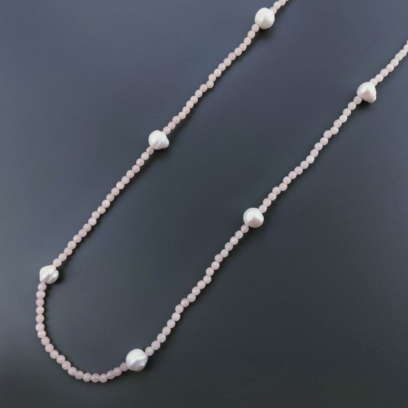 Collana Lunga Pietre Dure Giada Rosa Con Perle Di Fiume Irregolare 120cm E Chiusura In Argento 925