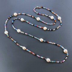 Collana Lunga Pietre Dure Agata Brasiliana Mix Con Perle Di Fiume Beige Barocche 120cm E Chiusura In Argento 925
