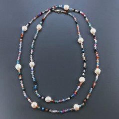 Collana Lunga Pietre Dure Agata Brasiliana Mix Con Perle Di Fiume Beige Barocche 120cm E Chiusura In Argento 925