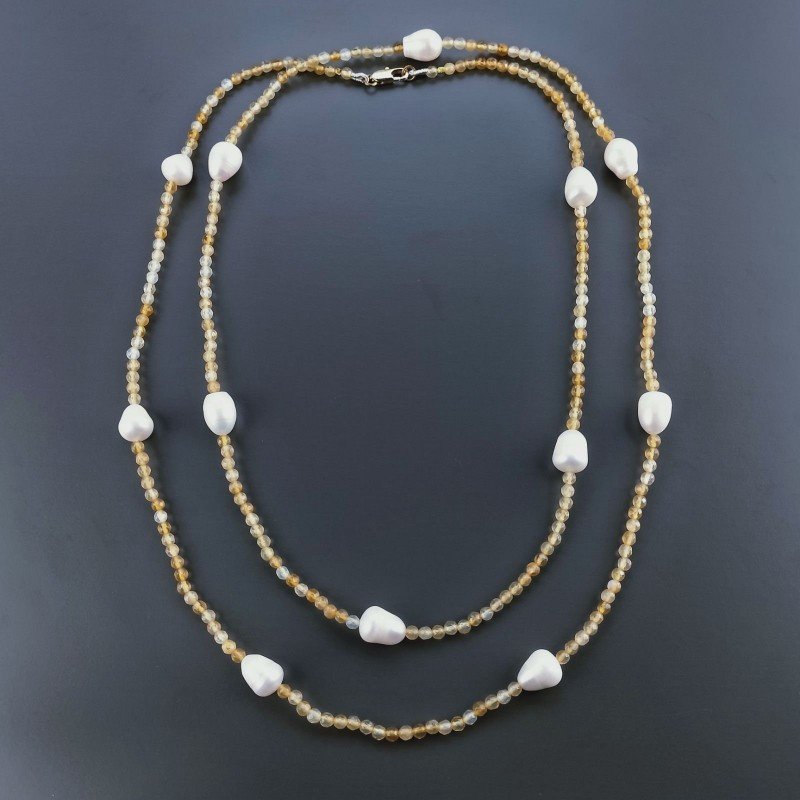 Collana Lunga Pietre Dure Agata Gialla Mix Con Perle Di Fiume Irregolare 120cm E Chiusura In Argento 925