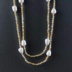 Collana Lunga Pietre Dure Agata Gialla Mix Con Perle Di Fiume Irregolare 120cm E Chiusura In Argento 925