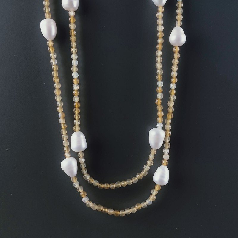 Collana Lunga Pietre Dure Agata Gialla Mix Con Perle Di Fiume Irregolare 120cm E Chiusura In Argento 925