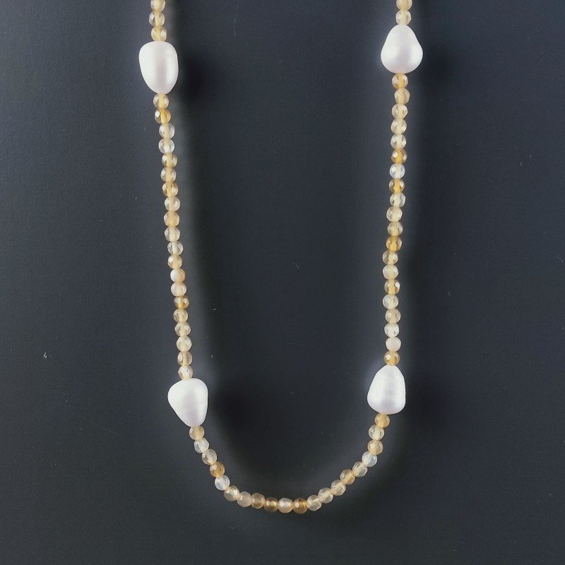 Collana Lunga Pietre Dure Agata Gialla Mix Con Perle Di Fiume Irregolare 120cm E Chiusura In Argento 925