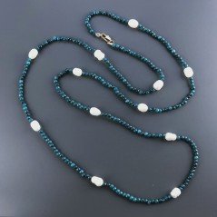 Collana Lunga Pietre Dure Giada Turchese Con Perle Di Fiume Irregolare 110cm E Chiusura In Argento 925
