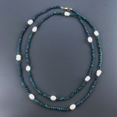 Collana Lunga Pietre Dure Giada Turchese Con Perle Di Fiume Irregolare 110cm E Chiusura In Argento 925