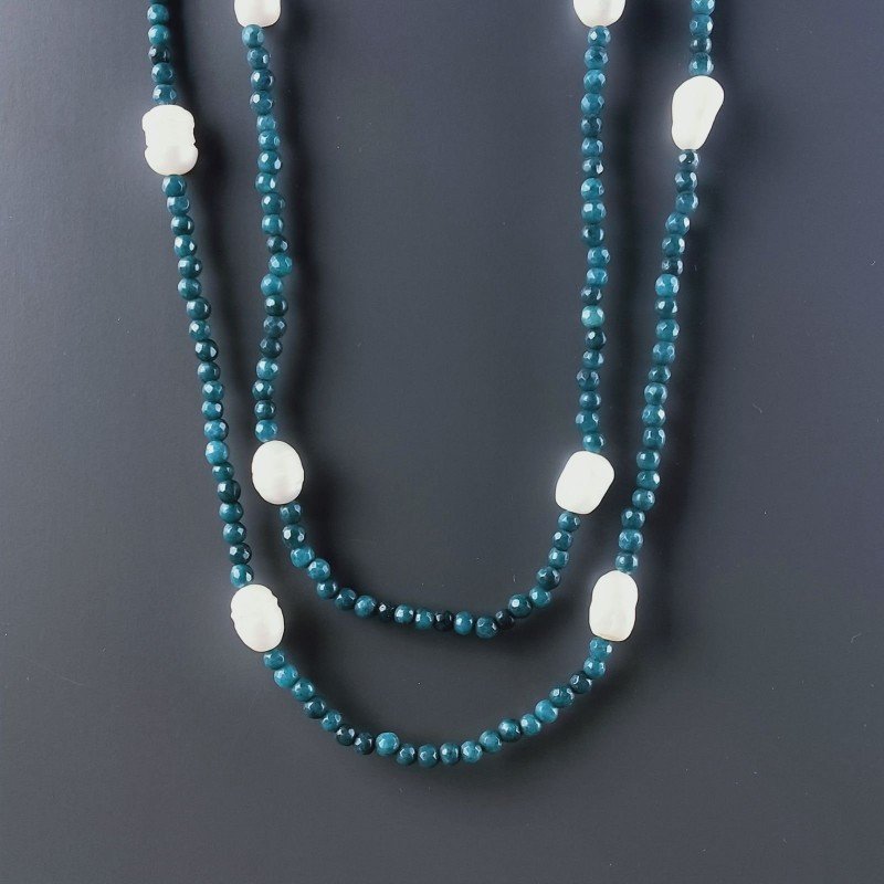 Collana Lunga Pietre Dure Giada Turchese Con Perle Di Fiume Irregolare 110cm E Chiusura In Argento 925