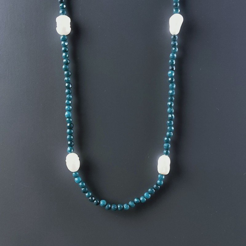 Collana Lunga Pietre Dure Giada Turchese Con Perle Di Fiume Irregolare 110cm E Chiusura In Argento 925