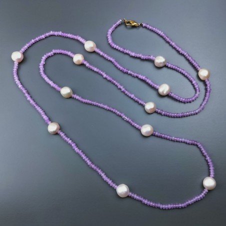 Collana Lunga Pietre Dure Giada Lavanda Con Perle Di Fiume Beige Barocche 120cm E Chiusura In Argento 925