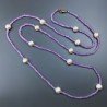 Collana Lunga Pietre Dure Giada Lavanda Con Perle Di Fiume Beige Barocche 120cm E Chiusura In Argento 925