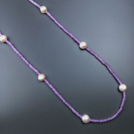 Collana Lunga Pietre Dure Giada Lavanda Con Perle Di Fiume Beige Barocche 120cm E Chiusura In Argento 925