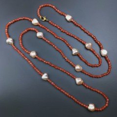 Collana Lunga Pietre Dure Giada Arancione Con Perle Di Fiume Beige Barocche 120cm E Chiusura In Argento 925