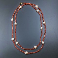 Collana Lunga Pietre Dure Giada Arancione Con Perle Di Fiume Beige Barocche 120cm E Chiusura In Argento 925