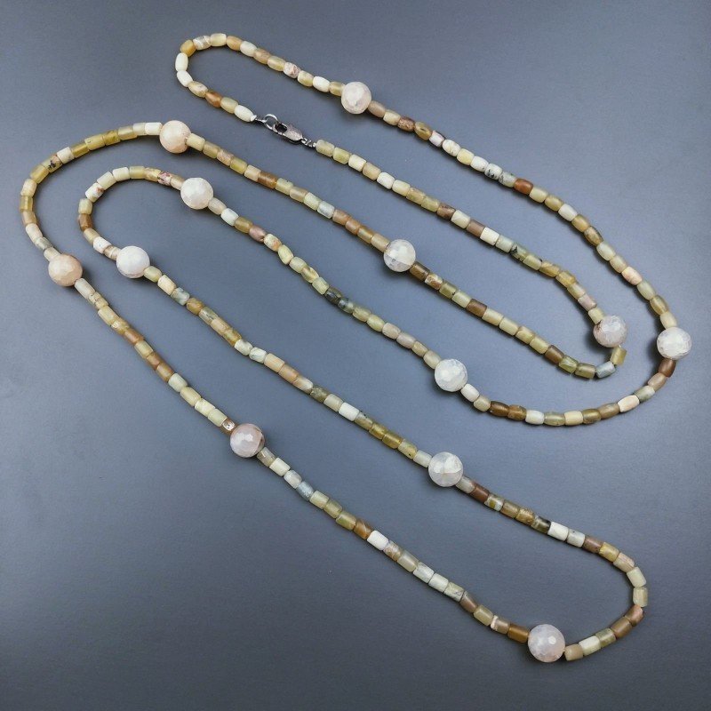 Collana Lunga Pietre Dure Opale Madagascar Con Agata Brasiliana Crack 130cm E Chiusura In Argento 925