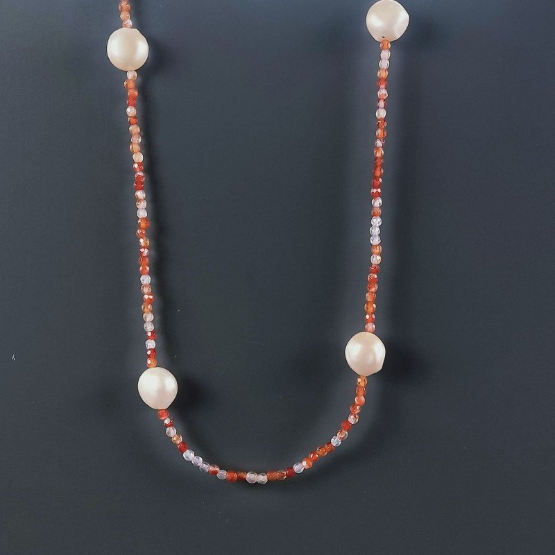 Collana Lunga Pietre Dure Agata Brasiliana Corniola Multi Con Perle Di Fiume Beige Barocche 110cm E Chiusura In Argento 925