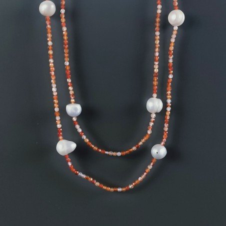 Collana Lunga Pietre Dure Agata Brasiliana Corniola Multi Con Perle Di Fiume Irregolare 110cm E Chiusura In Argento 925