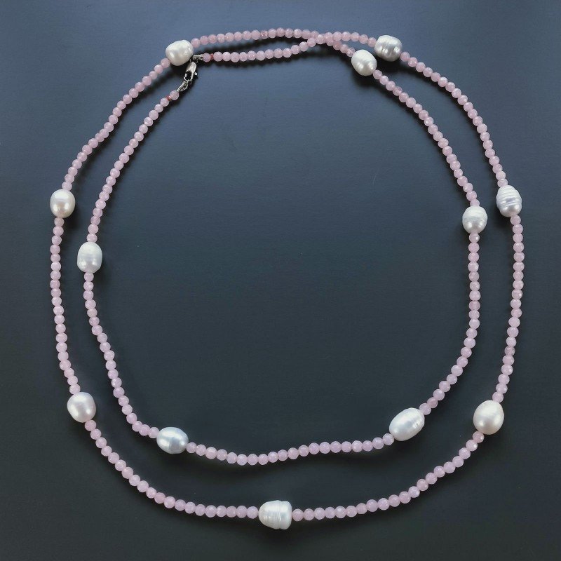 Collana Lunga Pietre Dure Giada Rosa Con Perle Di Fiume Irregolare 120cm E Chiusura In Argento 925